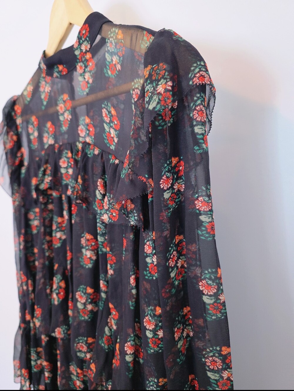 Doen Alette Romantic 100% Silk Sheer Dress In Paisley Floral Black Size Medium - Picture 8 of 14